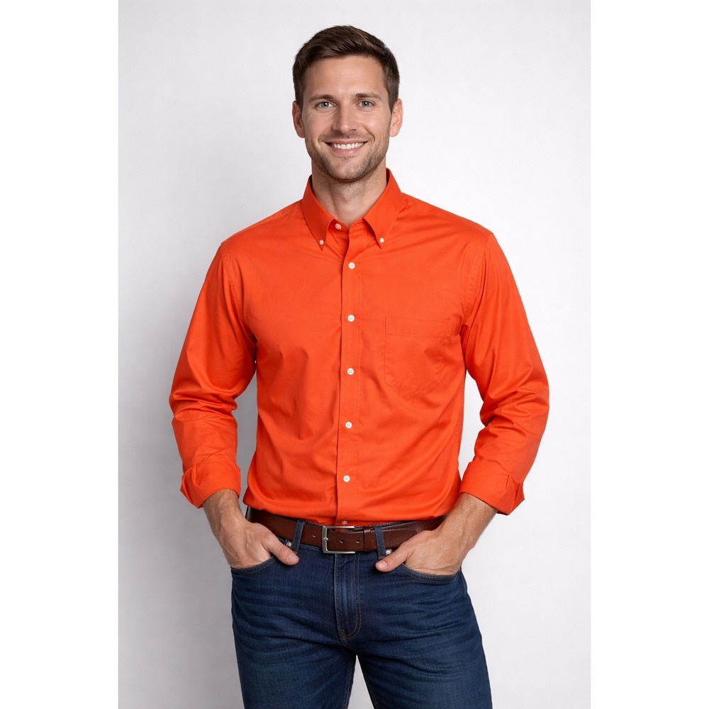 IZOD Mens Long Sleeve Button Down Shirt‎ Orange Cotton Blend Solid Dress Shirt
